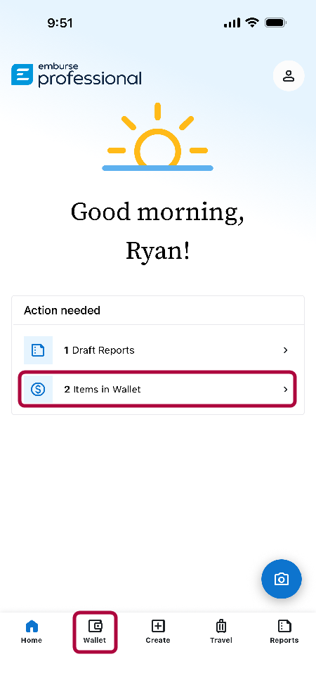 Home screen of the Emburse Professional mobile app showing the Items in Wallets and Wallet options.