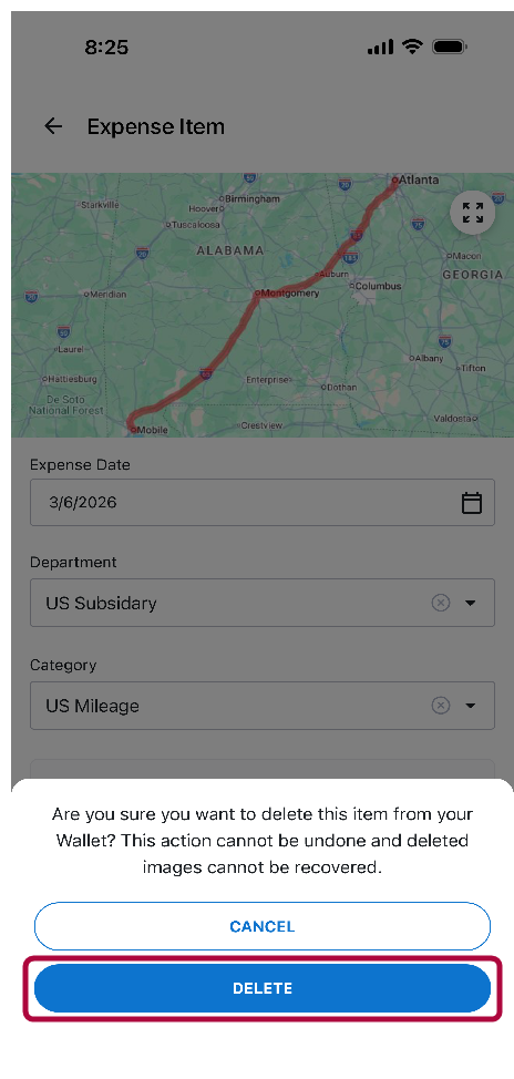 Confirmation message prompting the user to confirm deletion of the expense item.