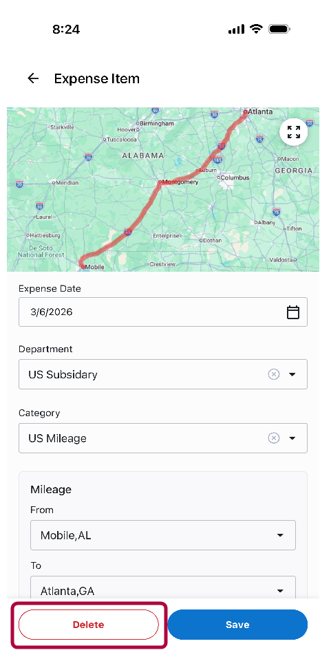 Expense Item screen with the Delete button visible.