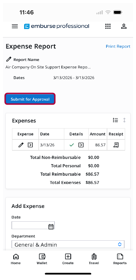 Submit for Approval button at the bottom of the expense report