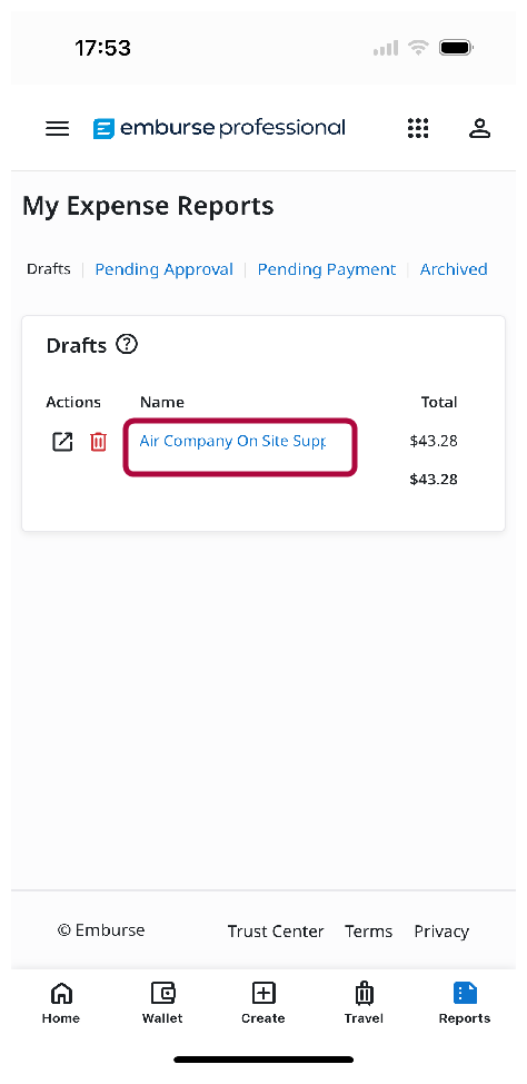 Draft expense report selected from the Reports list in the mobile app