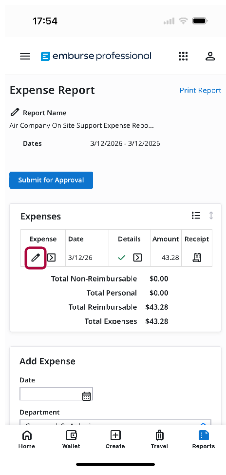Pencil button used to edit an expense within the expense report
