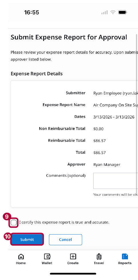Certification checkbox and Submit button when submitting an expense report