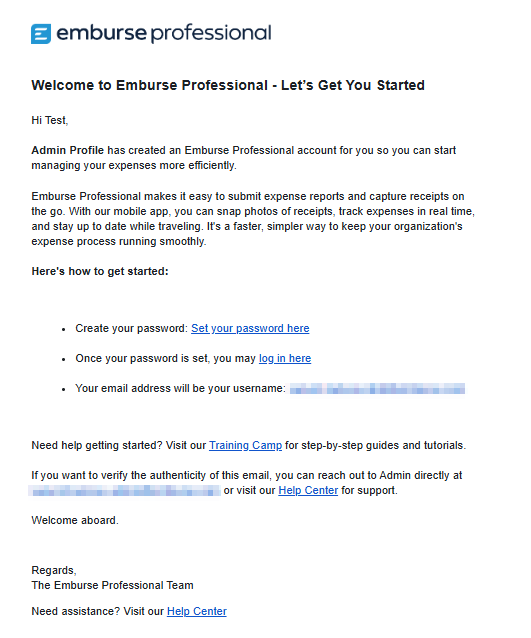 Emburse Professional email invitation showing the Set your password link.