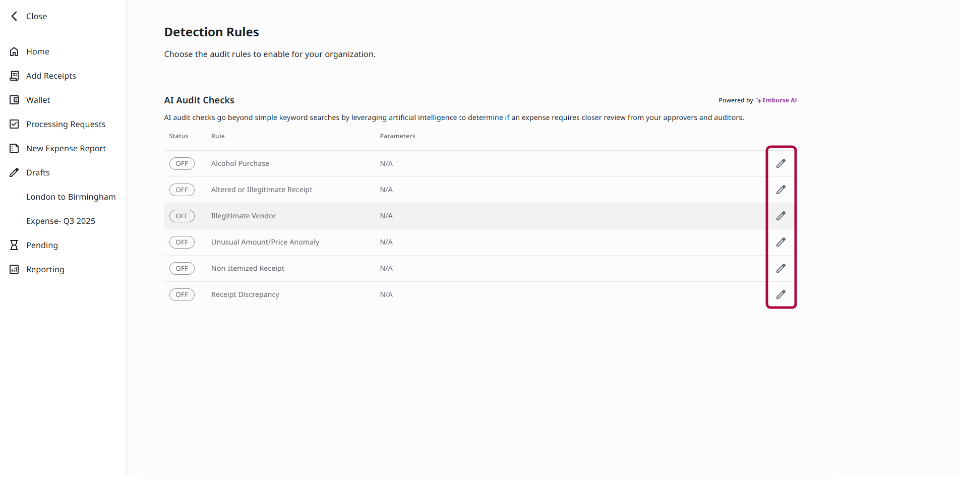 Detection Rules section with the pencil controls highlighted