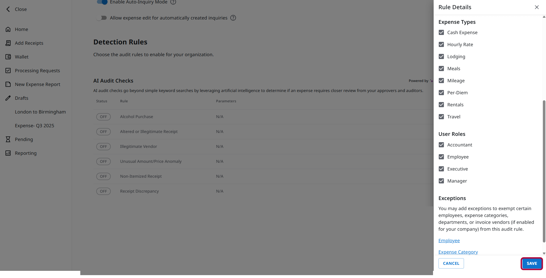 Rule Details panel showing save action for the configured rule