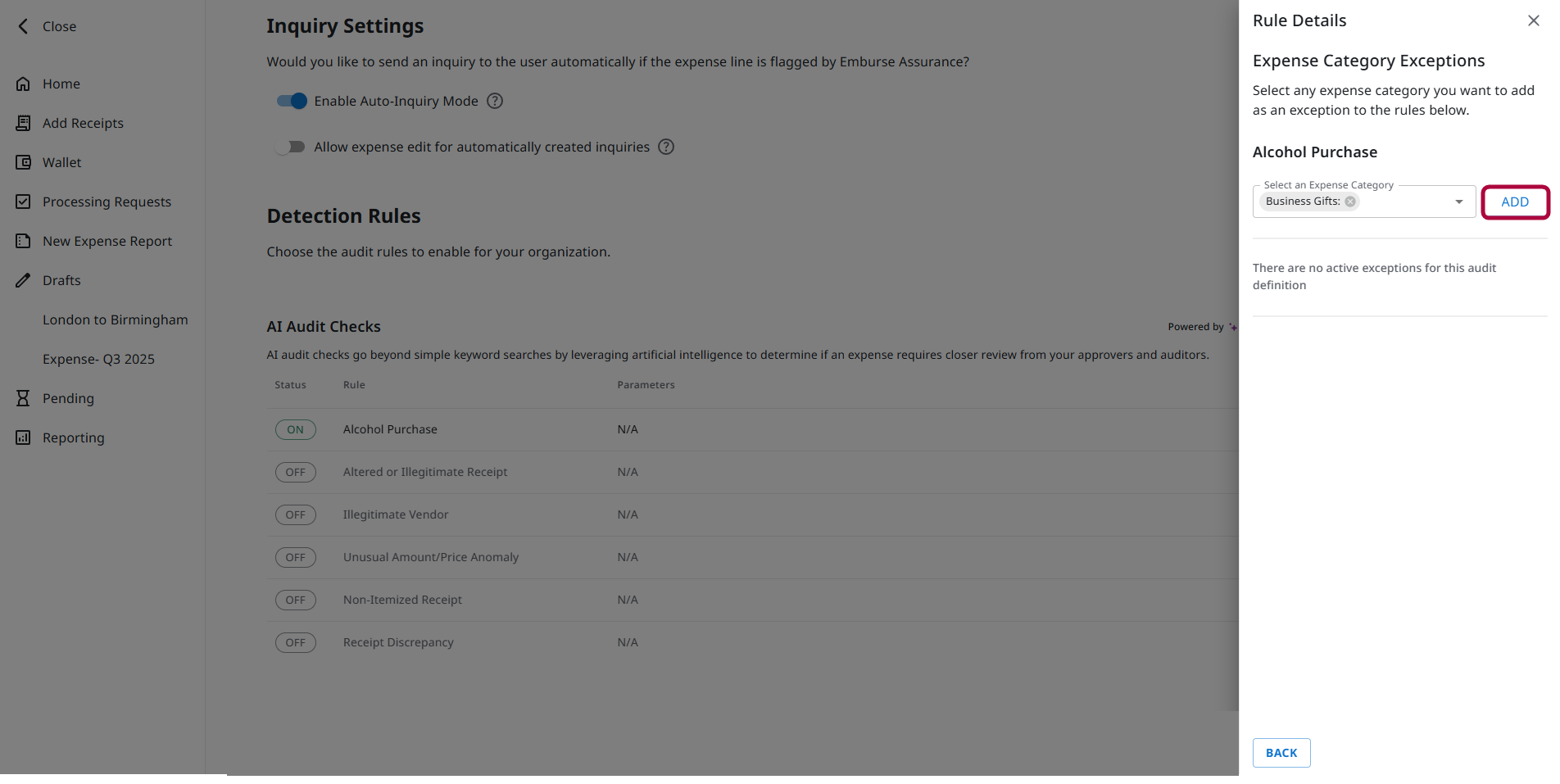 Exception type options in the Rule Details panel