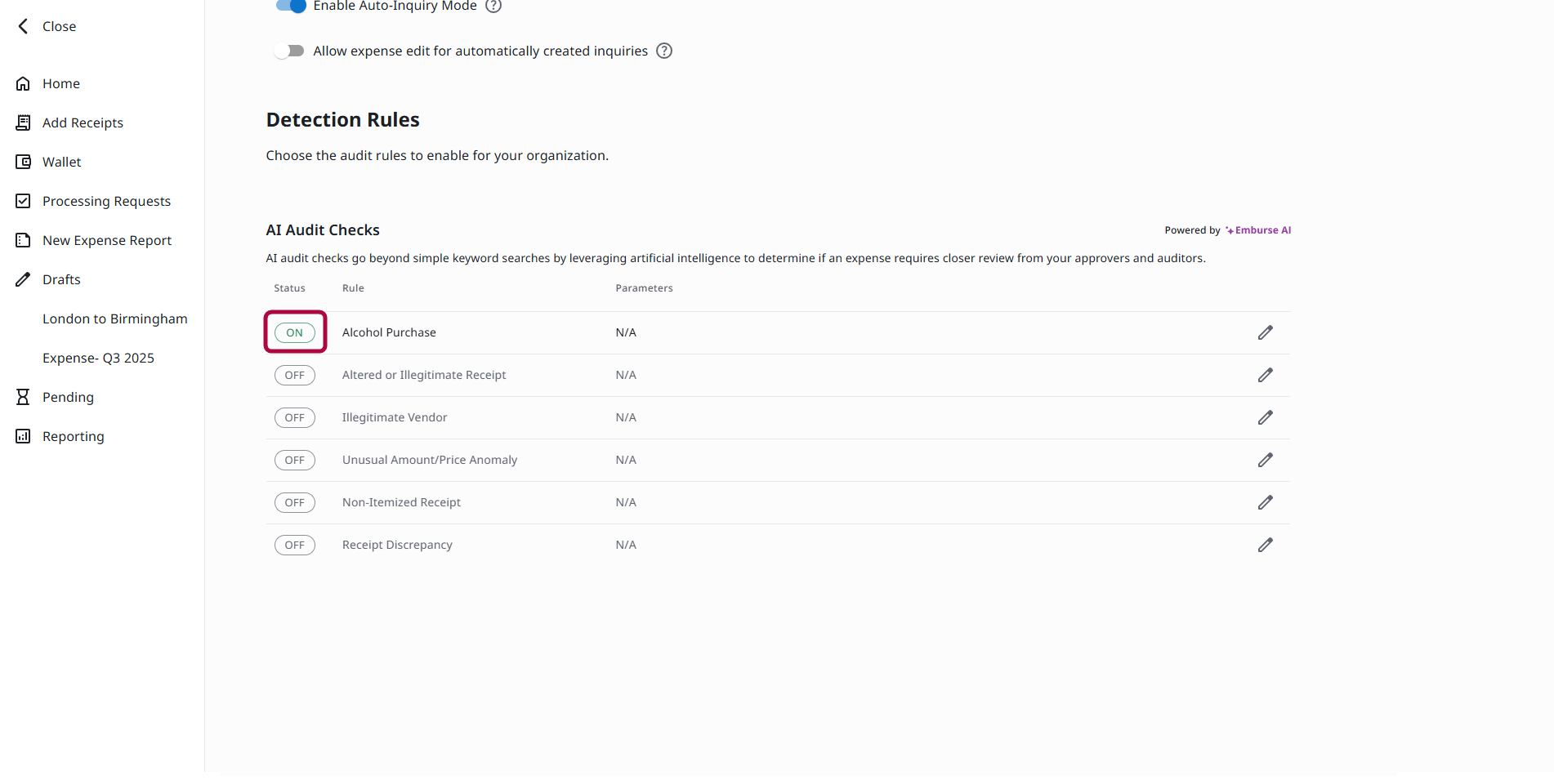 Audit Rules page showing a rule turned on