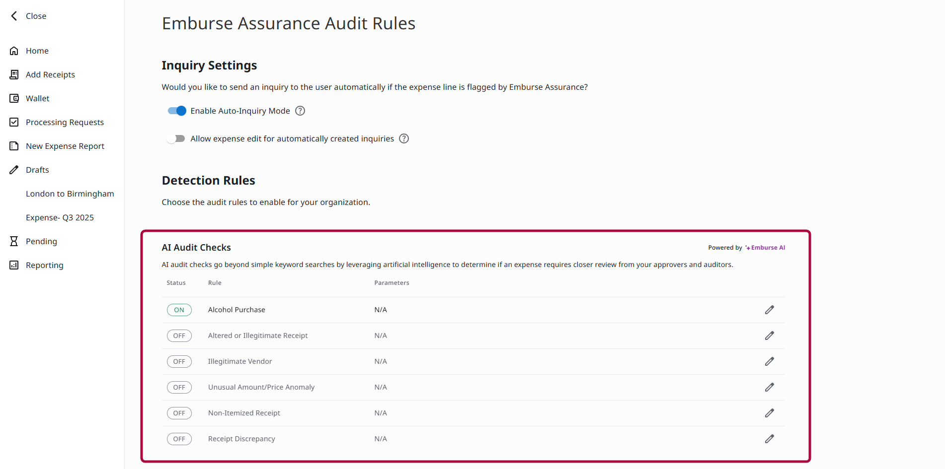 AI Audit Checks list on the Emburse Assurance Audit Rules page
