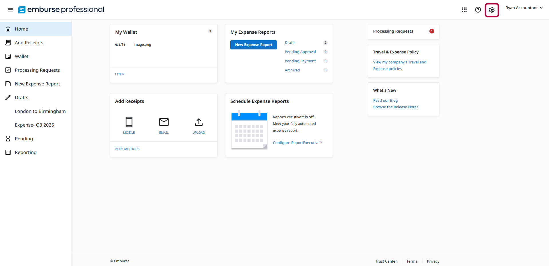 Emburse Professional homepage with the gear icon highlighted