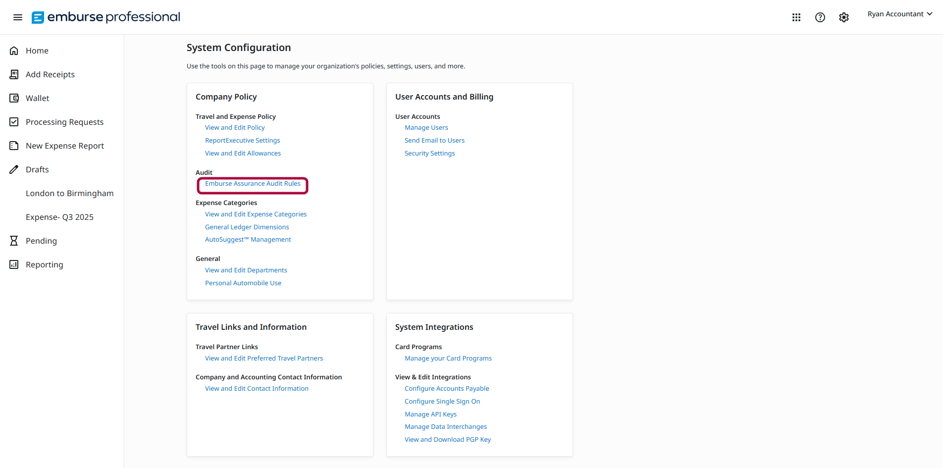 Emburse Assurance Audit Rules page showing Inquiry Settings