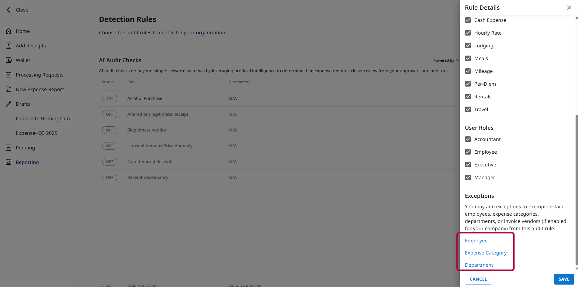 Rule Details panel showing the Exceptions area