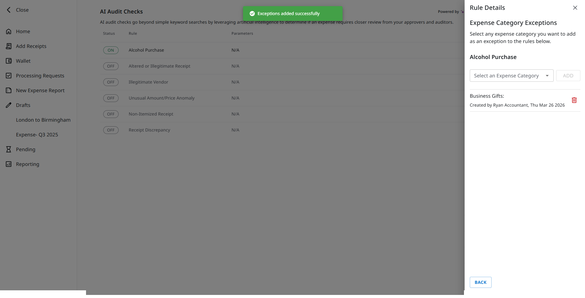 Rule Details panel showing the added exception
