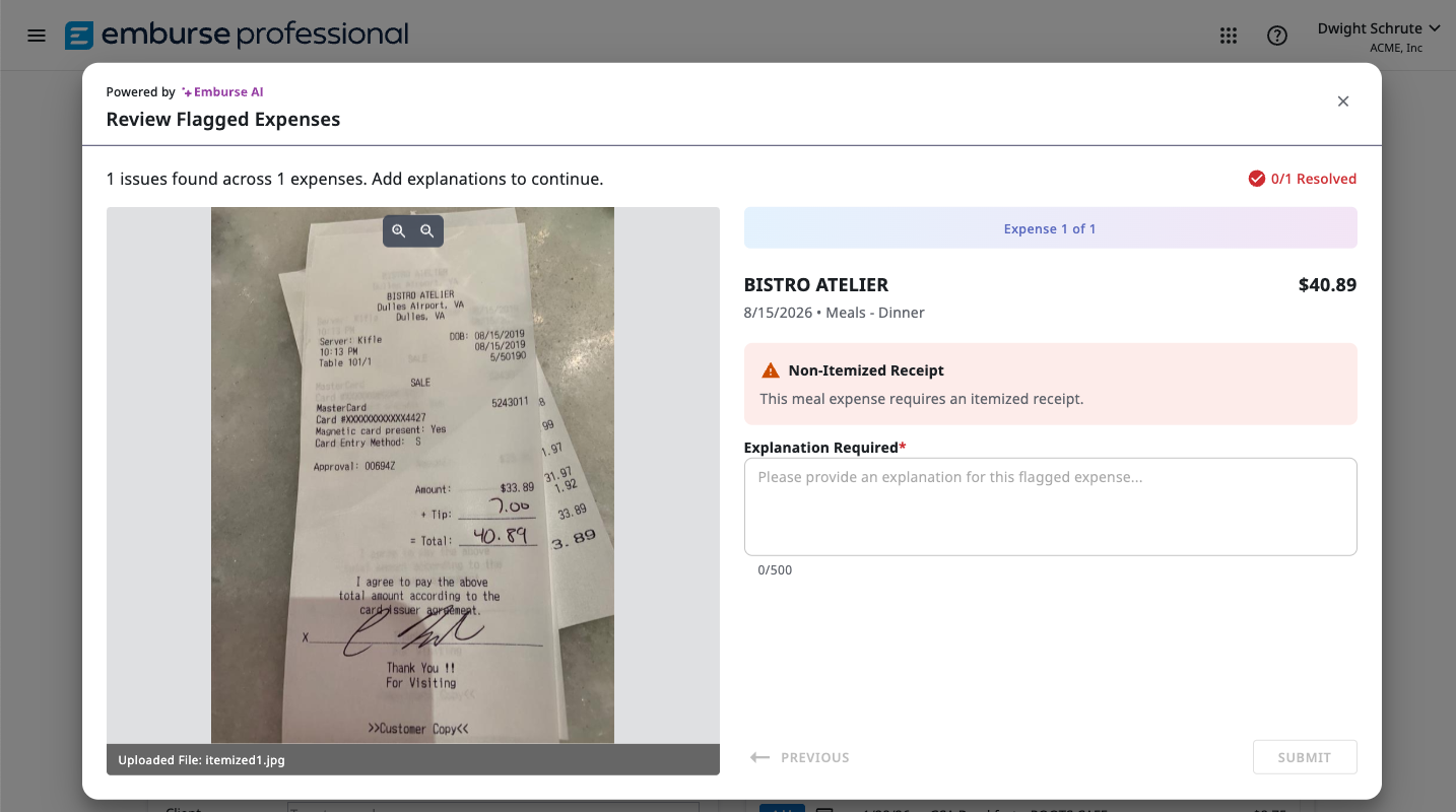 Expense report screen showing Emburse Assurance feedback on a flagged receipt before submission.