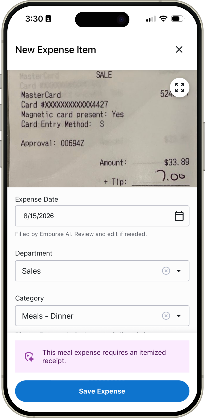 Mobile expense screen showing a proactive alert that an itemized receipt is required.