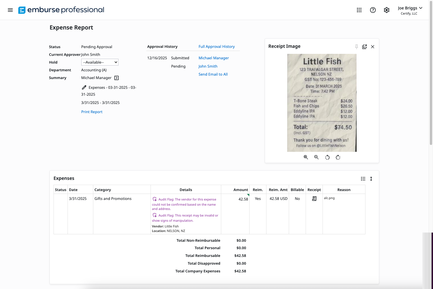 Expense report view showing post-submission review details for a flagged receipt.