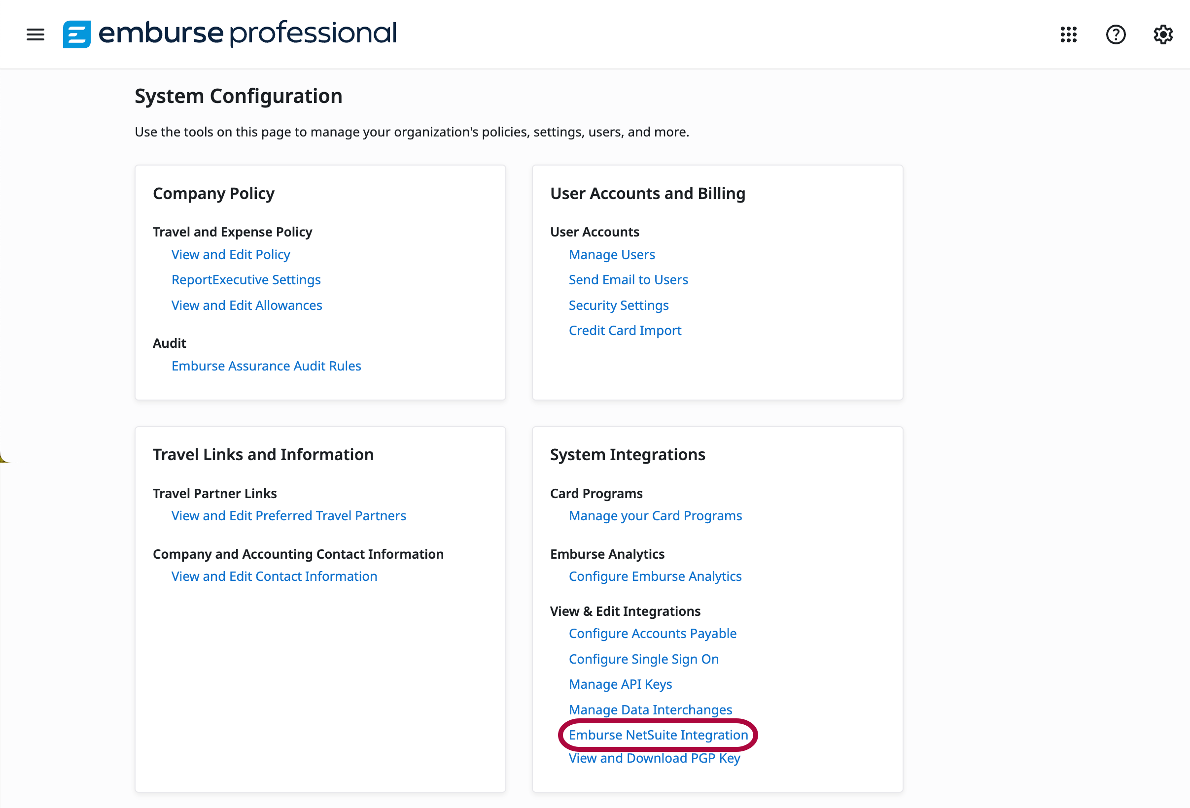 System Configuration page with Emburse NetSuite Integration selected