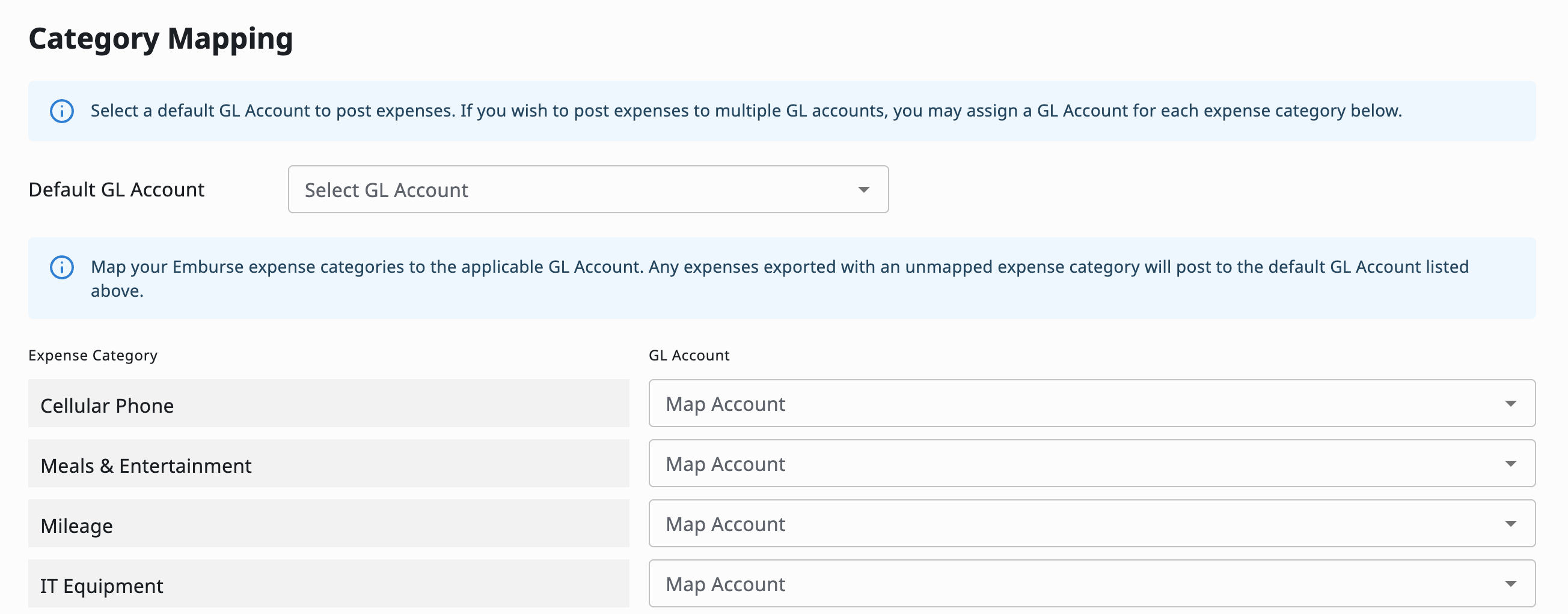 Category Mapping section with GL Account dropdowns