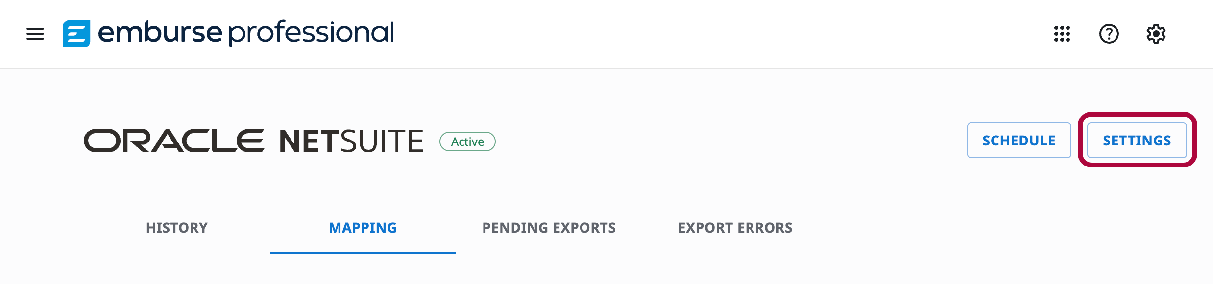 Settings option on the NetSuite Integration home screen