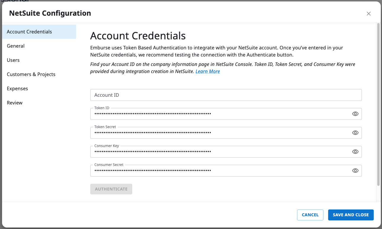 Account Credentials tab with authentication fields