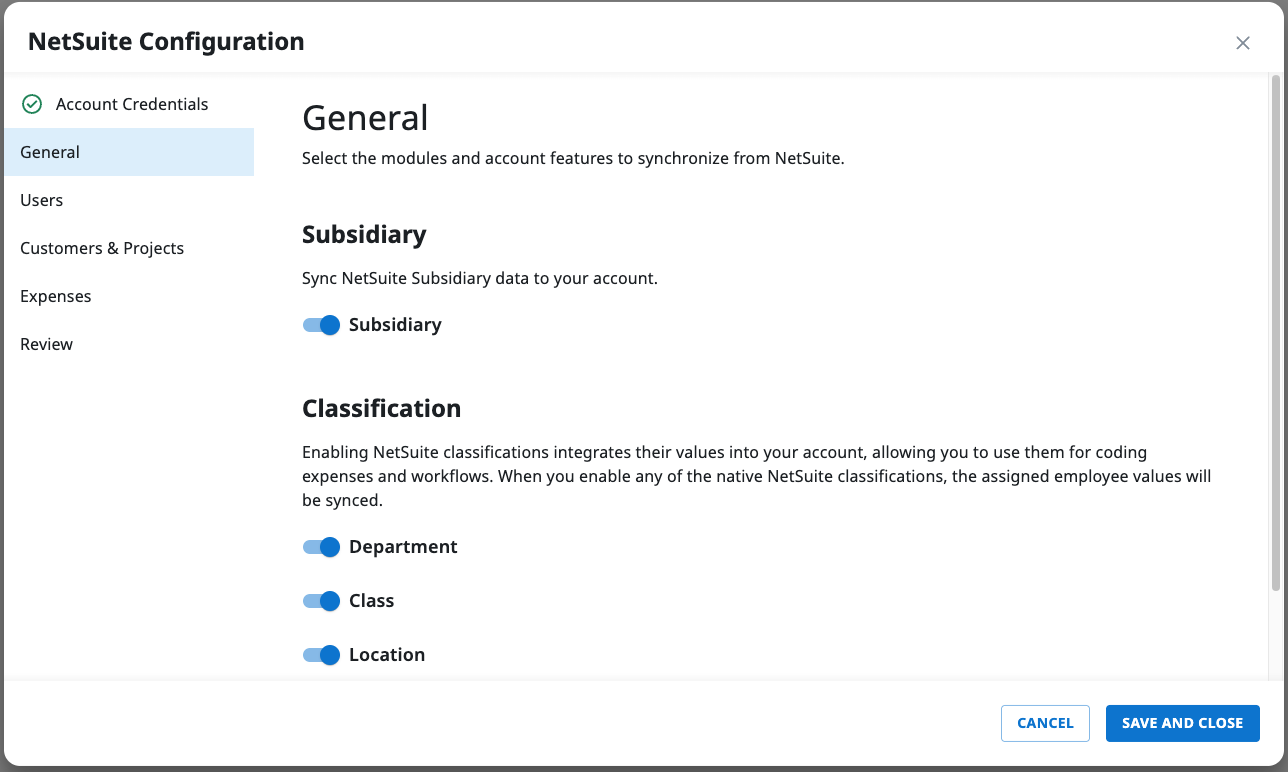 General Settings tab for NetSuite object synchronization