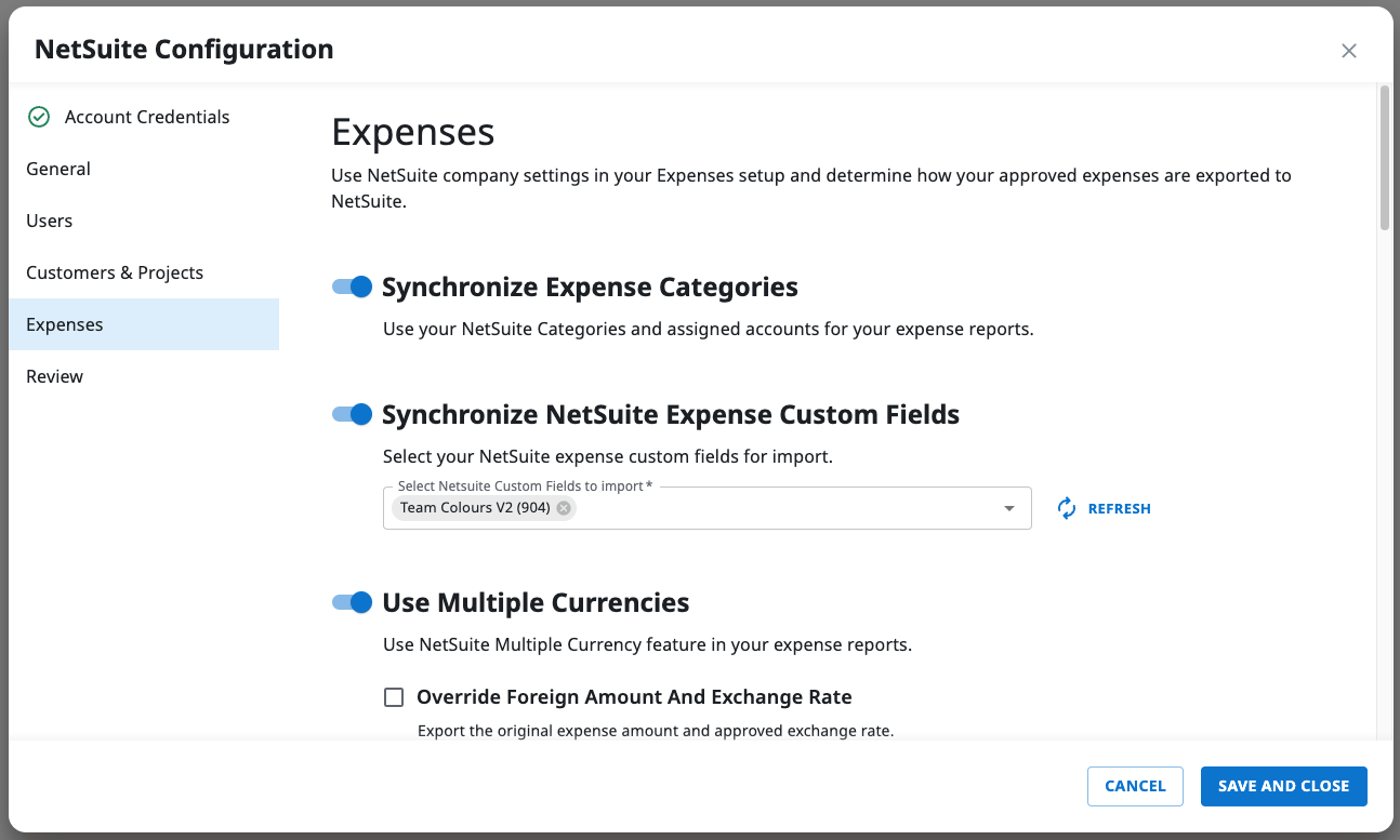 Expenses settings section for NetSuite export options