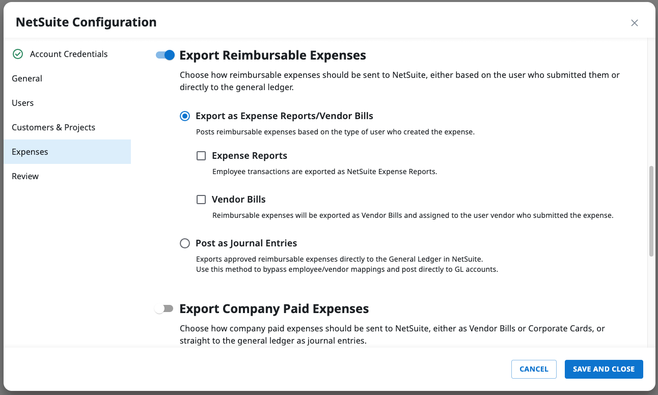 Export Reimbursable Expenses option with transaction type choices