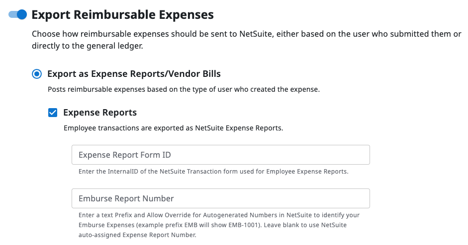 Expense Reports checkbox for reimbursable expense export