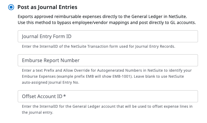 Journal Entry export fields for reimbursable expenses