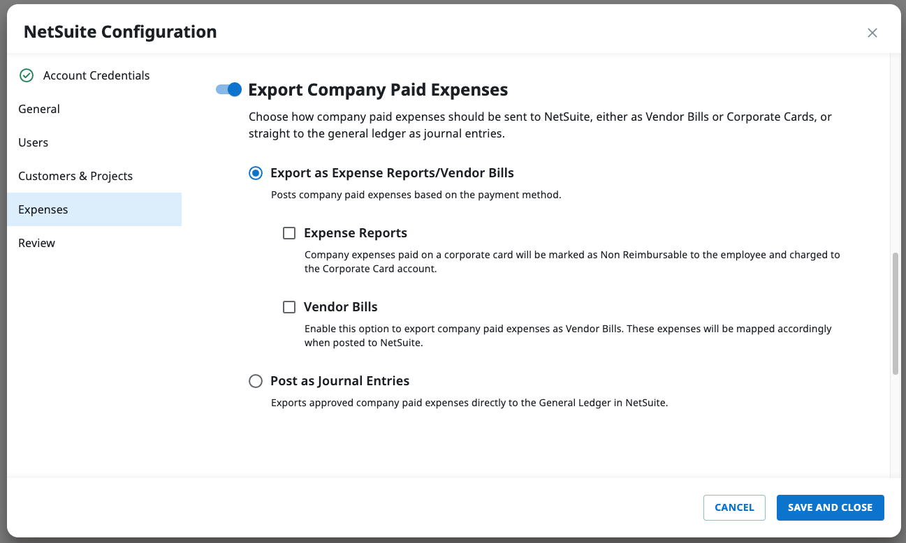 Export Company Paid Expenses option with transaction type choices
