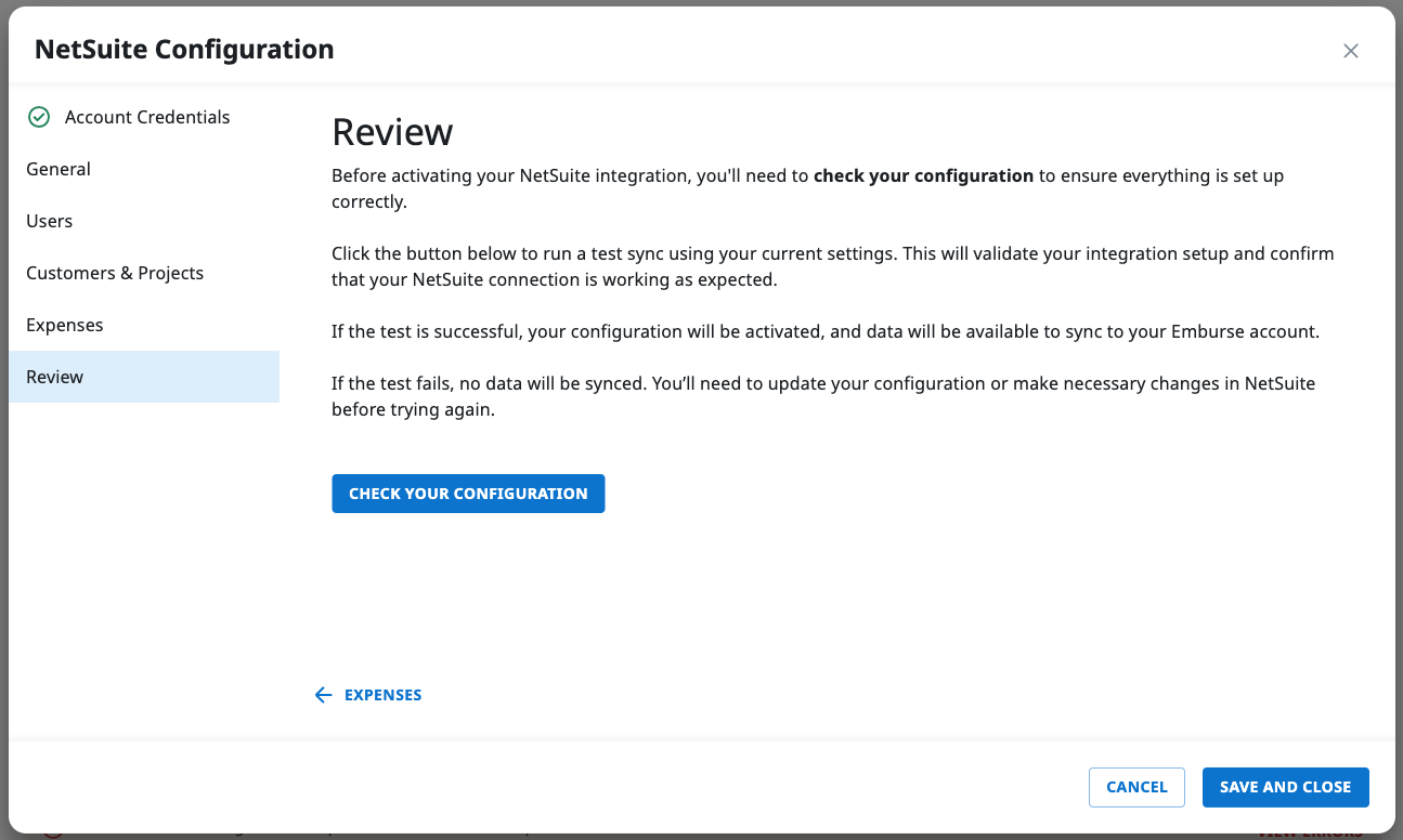Check Your Configuration option in NetSuite Connector settings