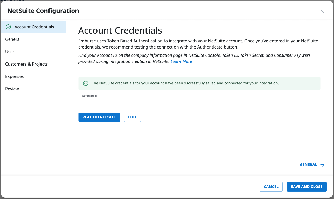 Successful NetSuite connection confirmation message