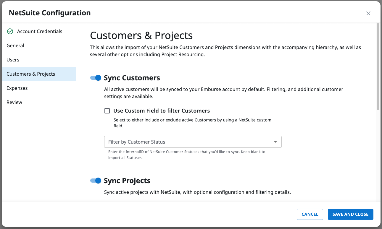 Customer Sync and Project Sync toggles