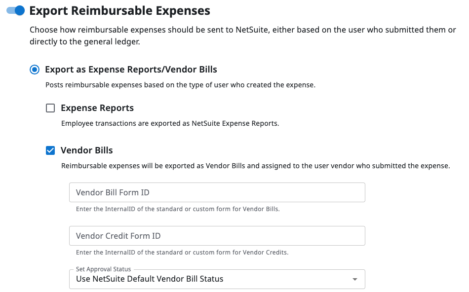 Vendor Bill export fields for reimbursable expenses