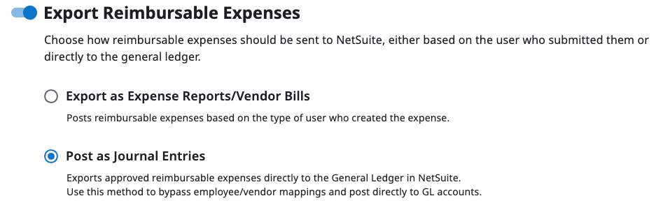 Post as Journal Entries option for reimbursable expenses