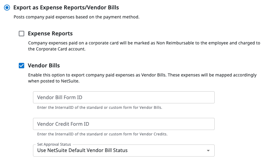 Vendor Bill export fields for company paid expenses