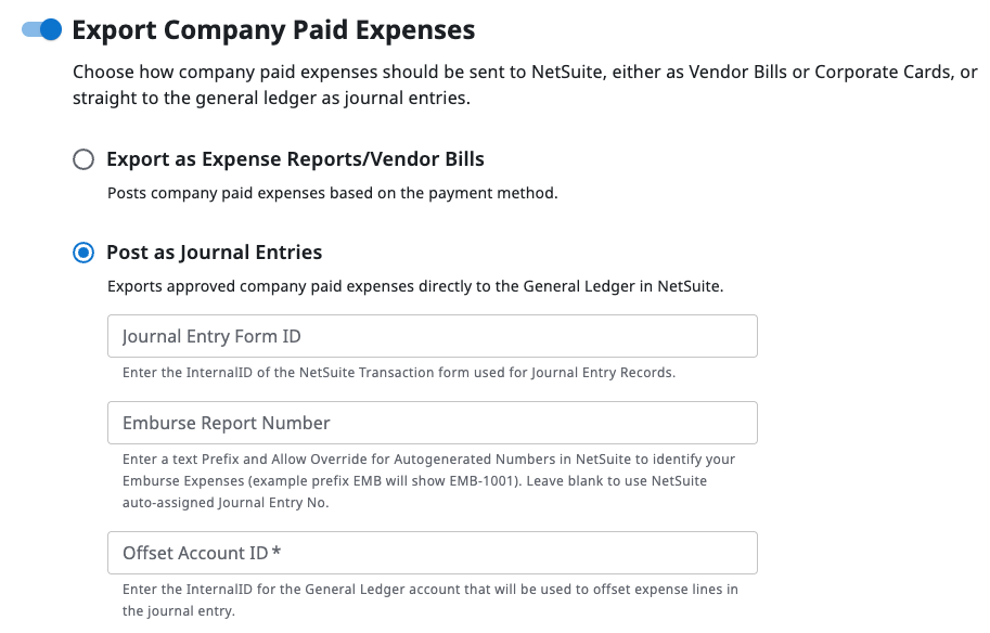 Journal Entry export fields for company paid expenses