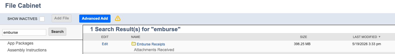 Search results showing the Emburse Receipts folder
