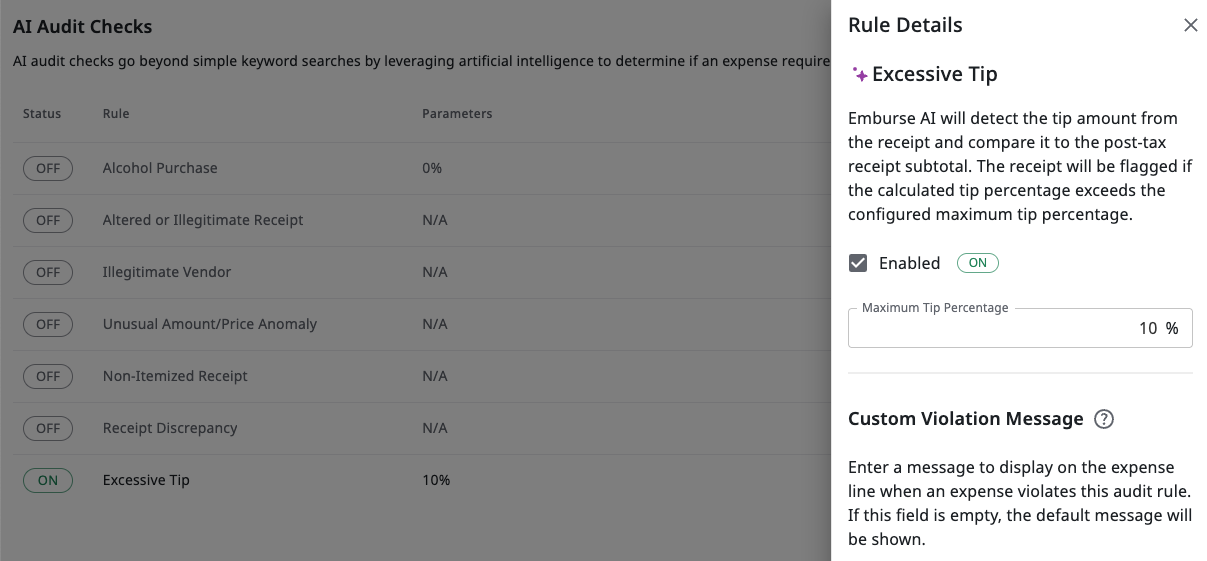 Maximum Tip Percentage field in Emburse Assurance rule configuration