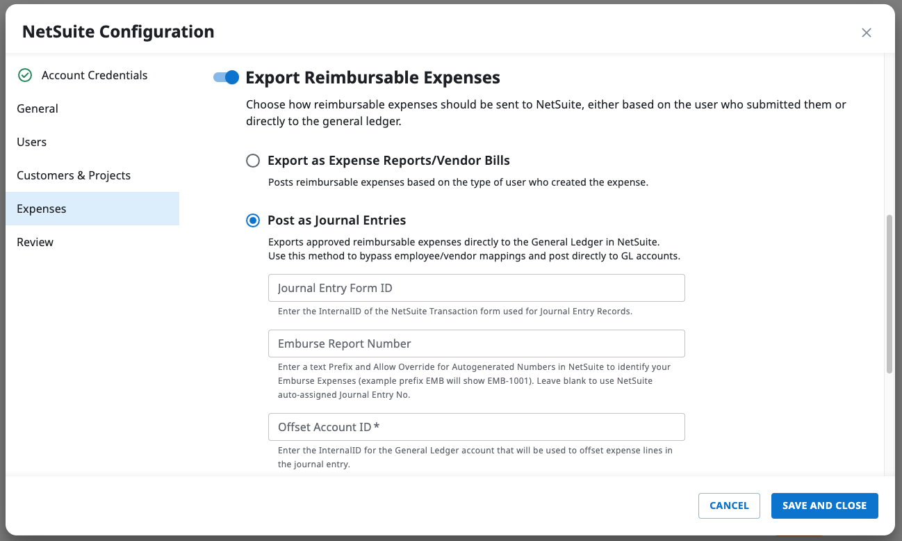 Journal Entry Export setting in the Emburse NetSuite Connector