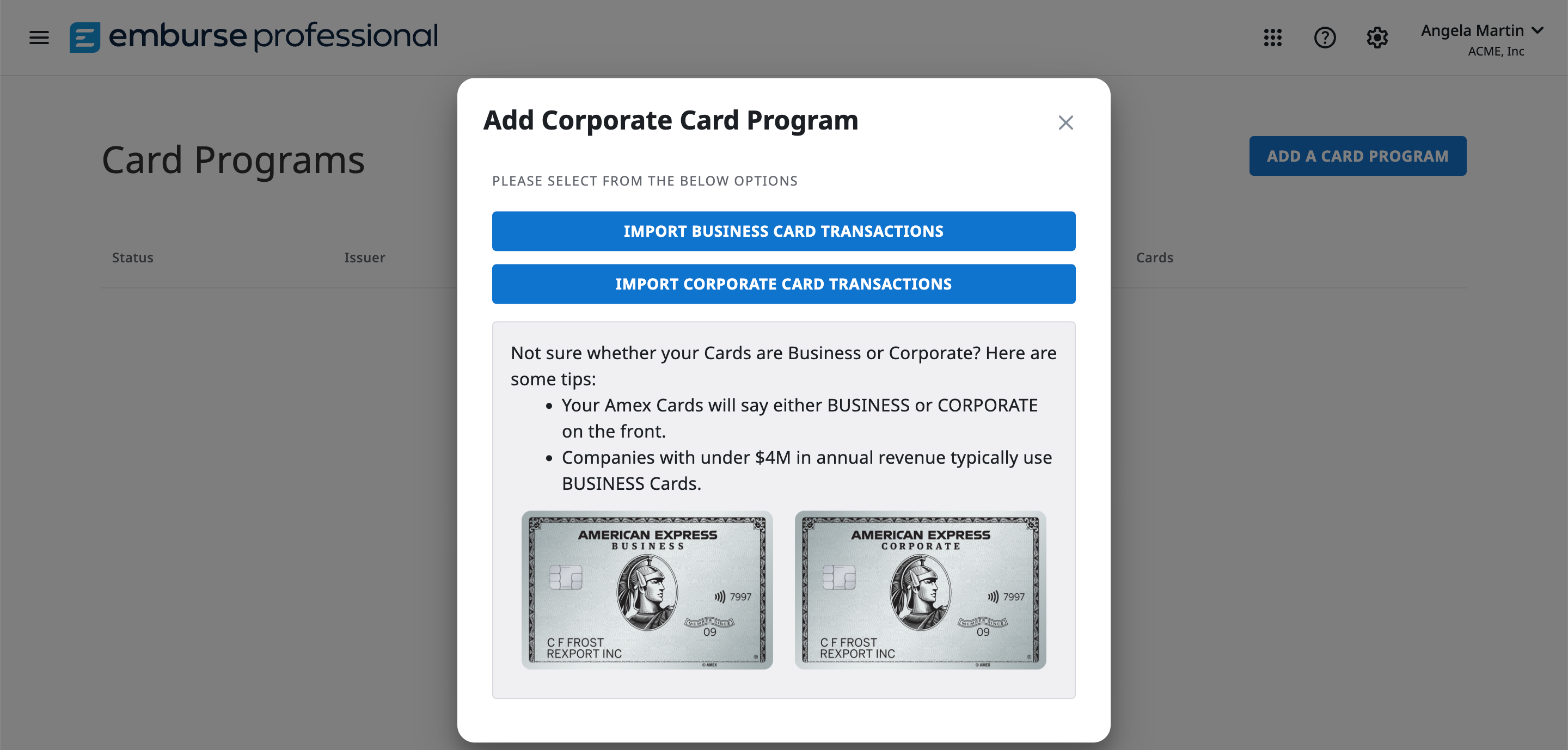 Import Business Card Transactions option