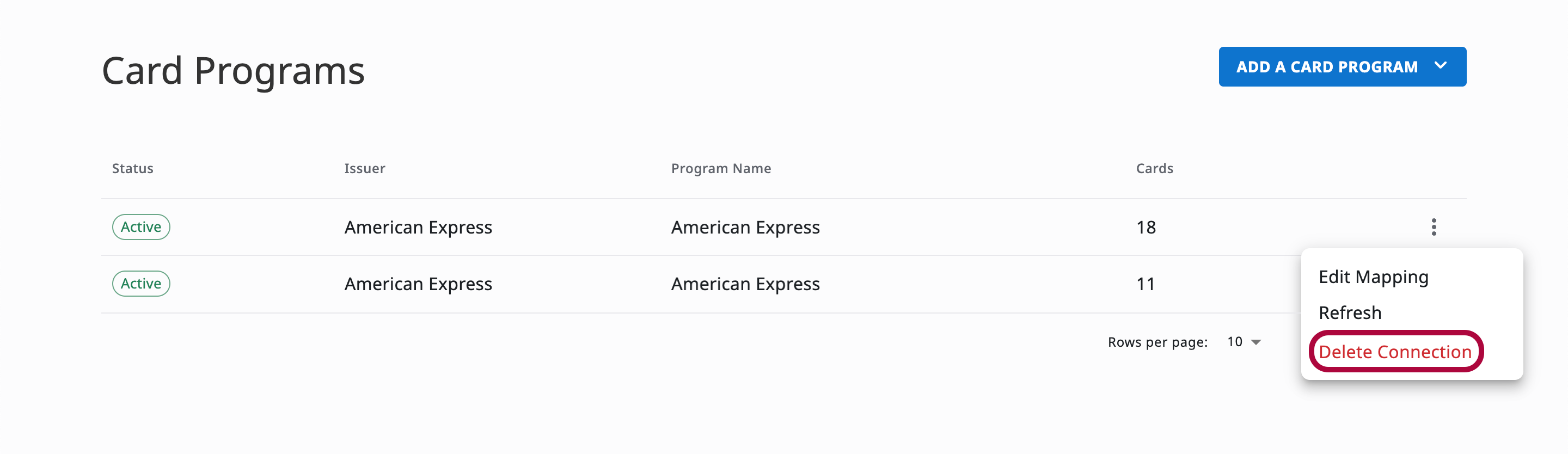 Delete Connection option in the Card Program menu