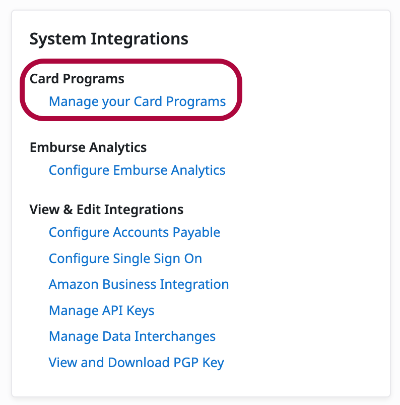 Manage Your Card Programs option under System Integrations