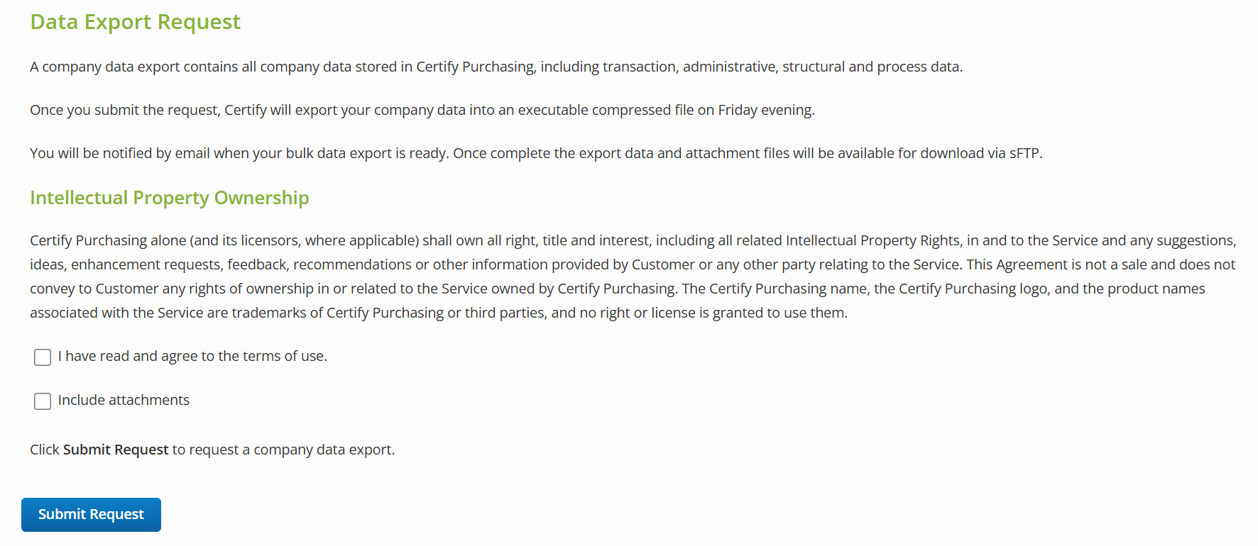 Data Export Request terms