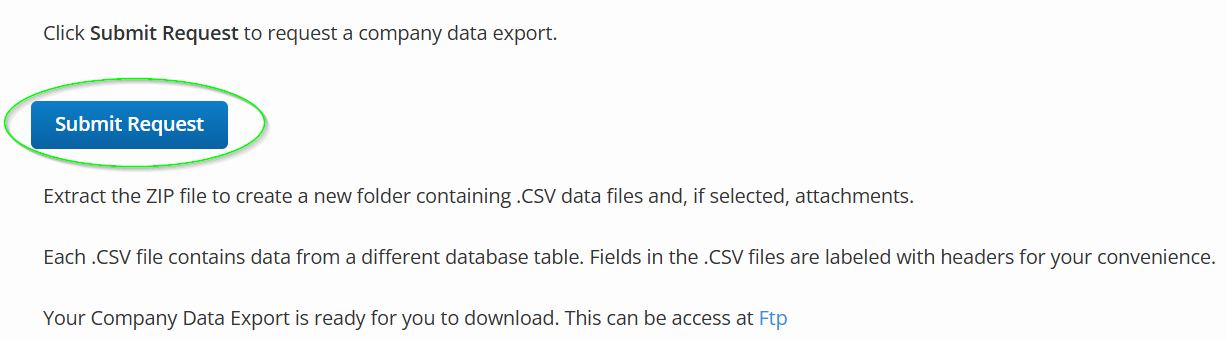 Submit Request button for Company Data Export