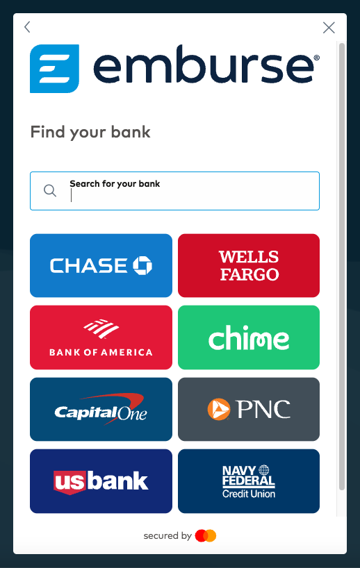 Search field for selecting a financial institution