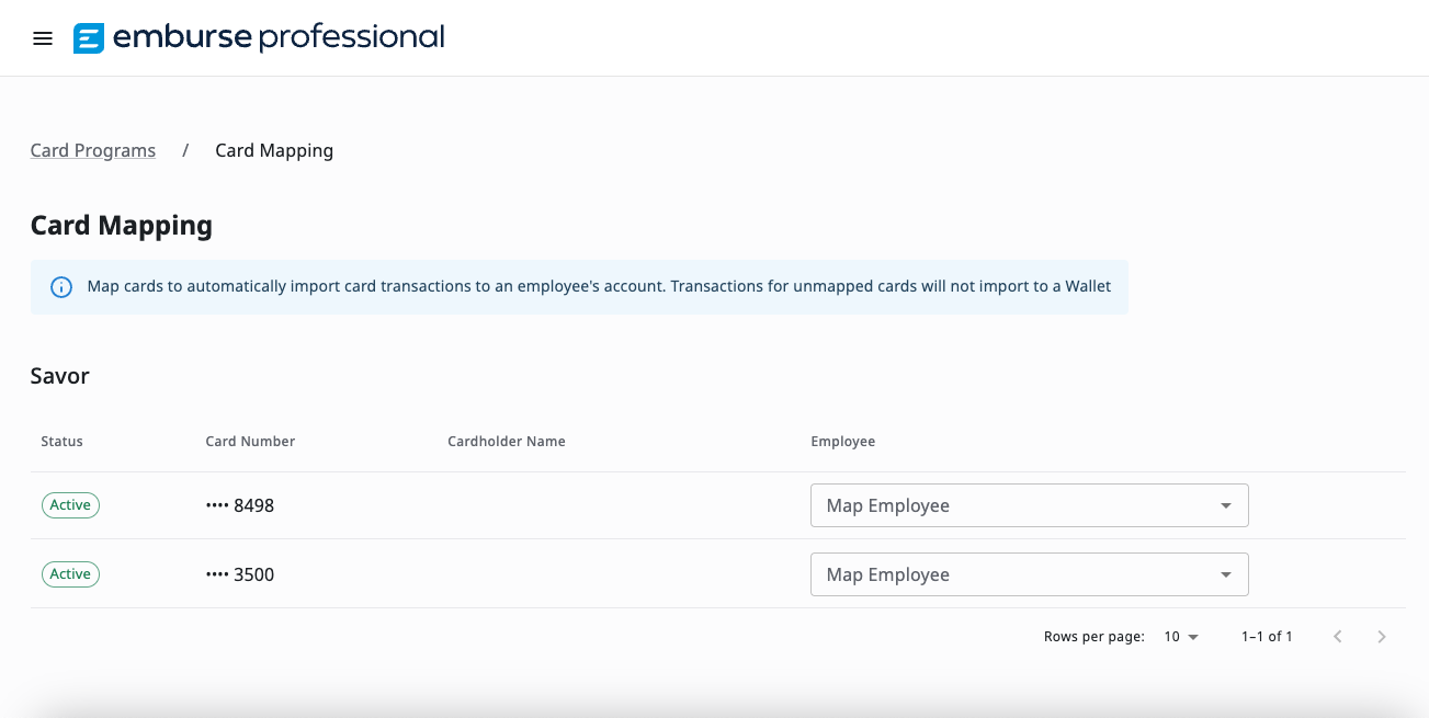 Card mapping fields in Emburse Professional