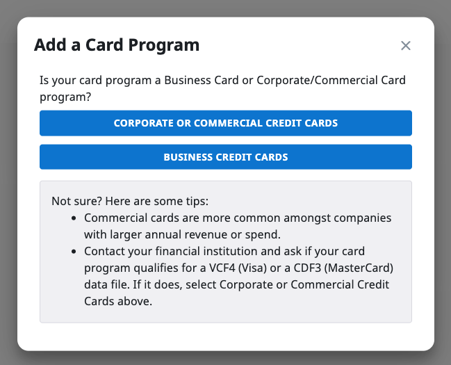 Business Credit Cards option in the card program setup
