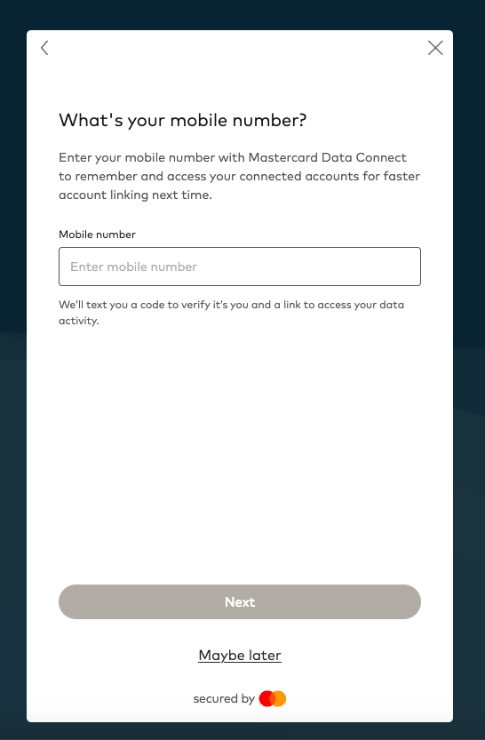 Optional phone number entry screen