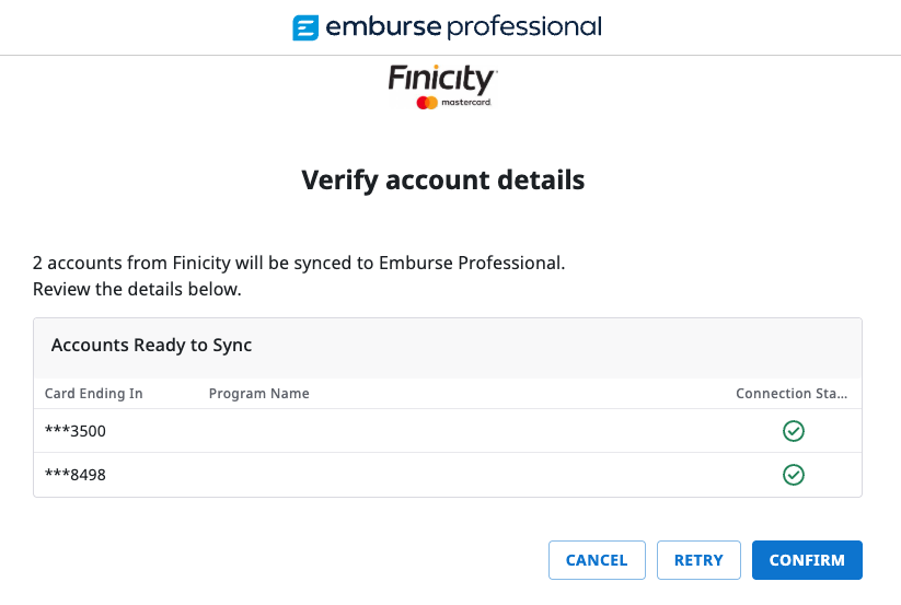 Confirm accounts page in Emburse Professional